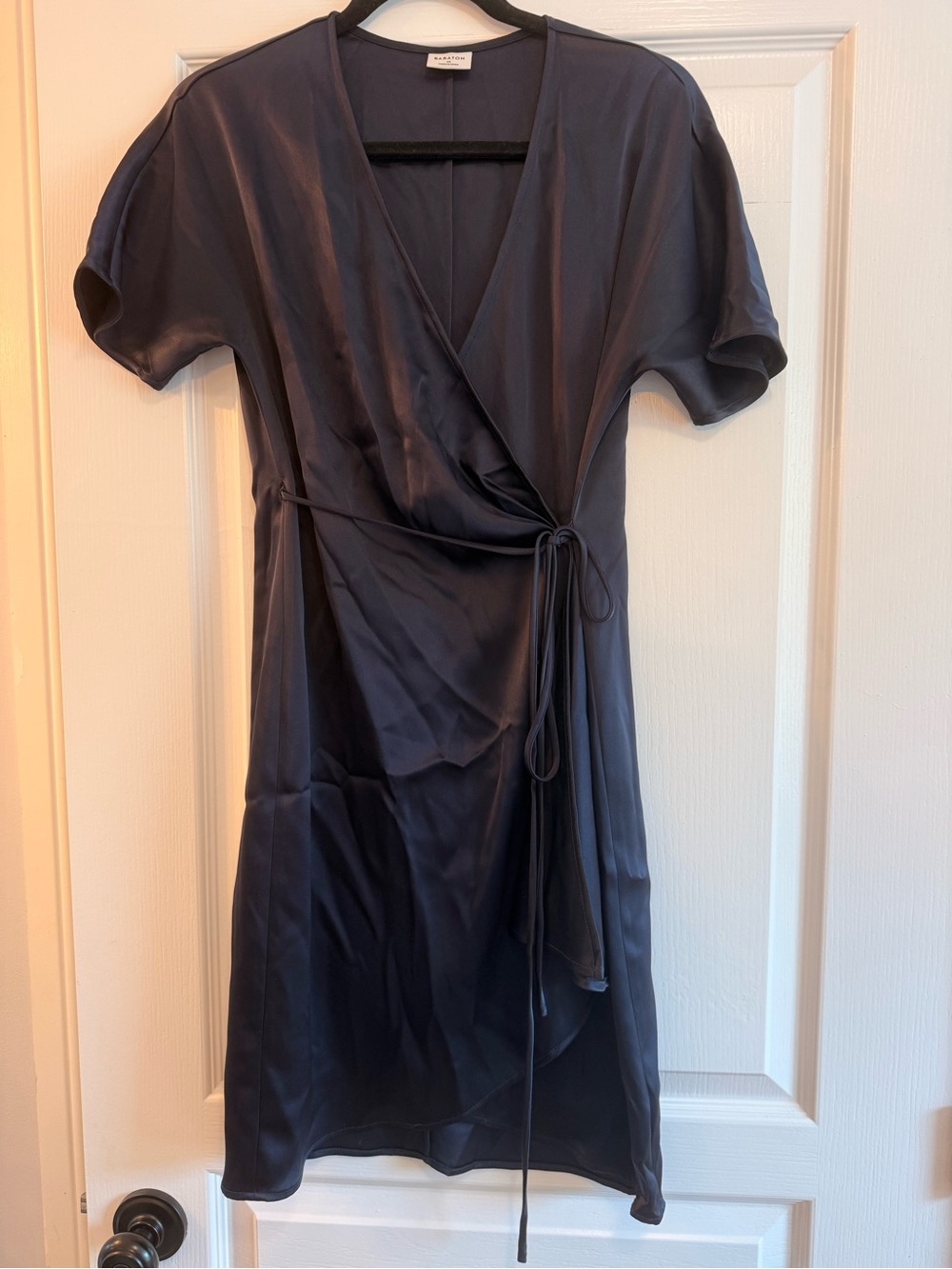 Babaton Navy Satin Wrap Midi Dress with Tie